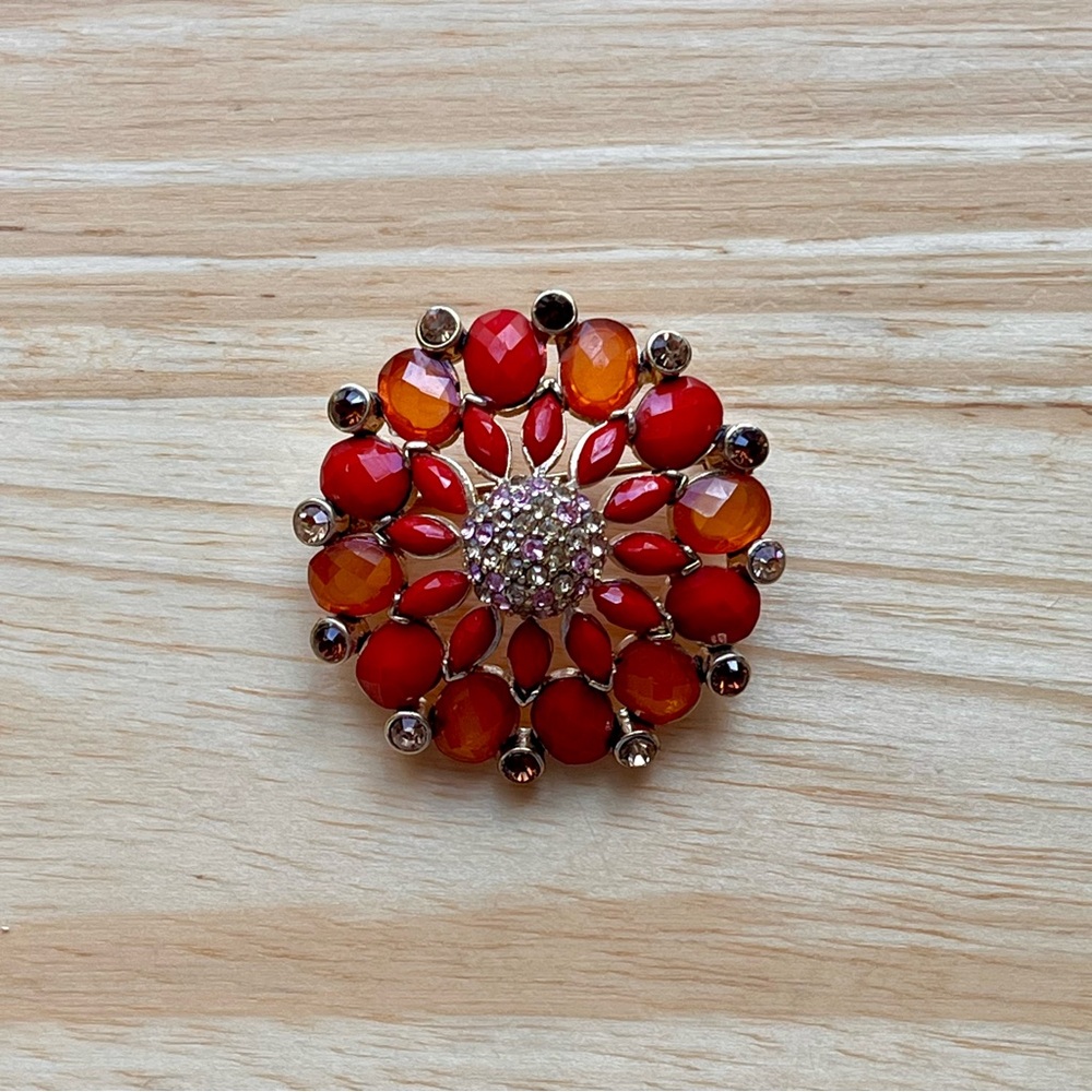 Casual Corner Orange Red Gold Gemstone Brooch Pin - Picture 2 of 4
